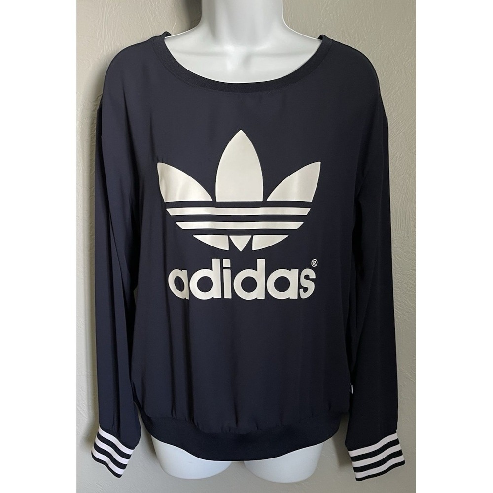 Adidas Crepe Trefoil Big‎ Logo Navy Blue Long Sleeve Sheer Womens Size Small